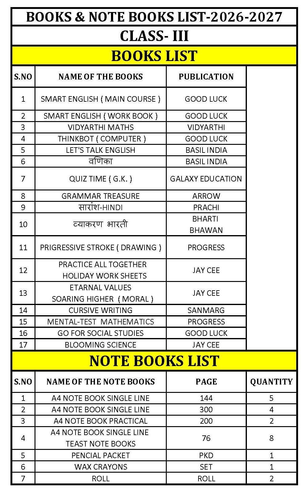 Class 3 Book List 2026-27