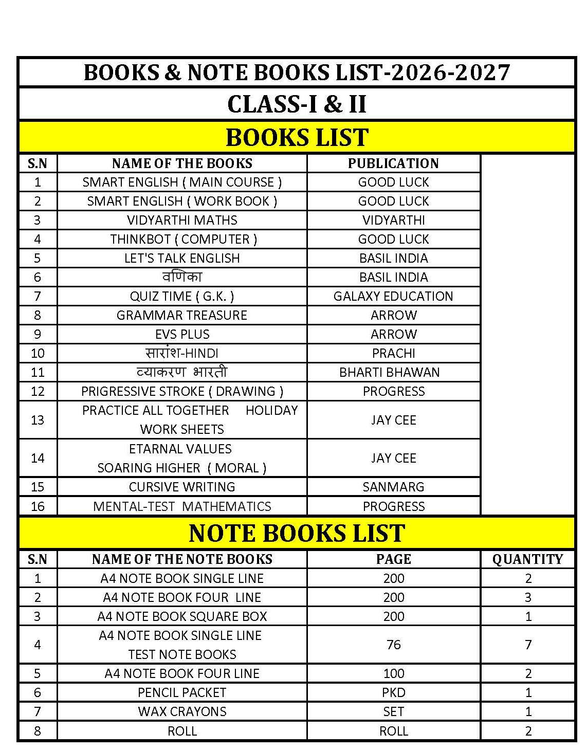 Class 1&2 Book List 2026-27